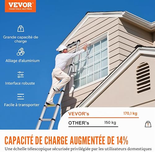 VEVOR Telescoping Ladder, 10.5 FT Aluminum One-button Retraction Collapsible Extension Ladder, 375 LBS Capacity with Non-slip Feet, Portable Multi-purpose Compact Ladder for Home, RV, Loft, ANSI Liste - 2