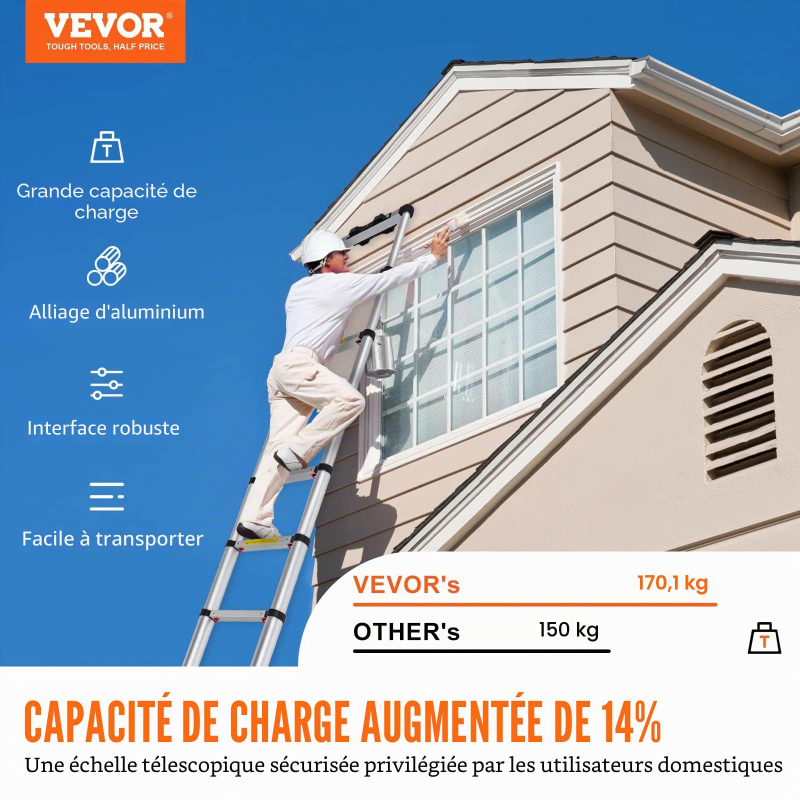VEVOR Échelle Télescopique Aluminium 3,8 m Escabeau Extensible Capacité 170 kg avec Pieds Antidérapants Échelle Compacte Portable Polyvalente Rétraction à Un Bouton pour Réparation Maison Camping-Car