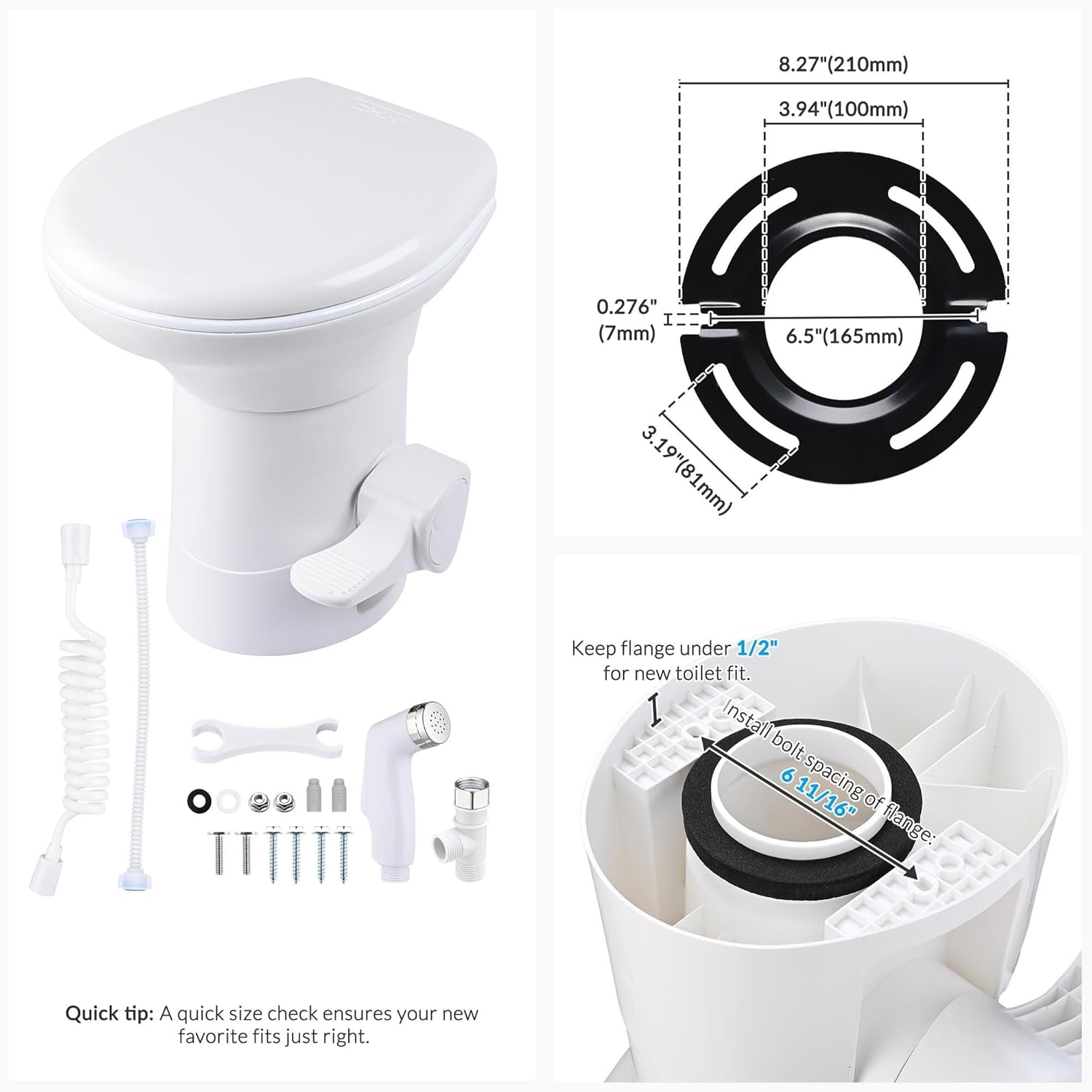 Yescom RV Toilet with Bidet Spray Porcelain Enamel Elongated Gravity Flush Foot Pedal Toilet for Motorhome Caravan Travel Tailer 20" Seating Height Portable Restroom Toilet Fits for Marine