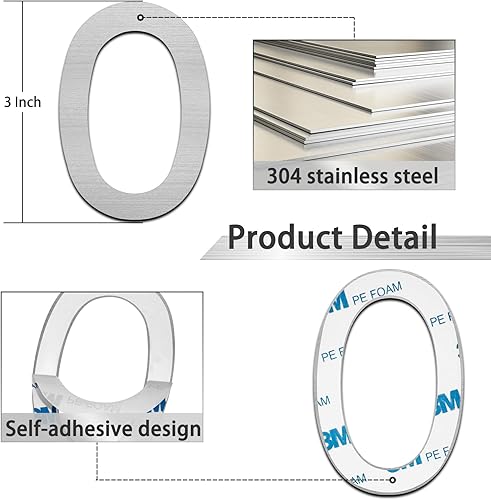 Miniatura 8 de Números de casa modernos de 3 pulgadas, número de buzón de correo plateado cepillado, material de acero inoxidable, números de puerta autoadhesivos