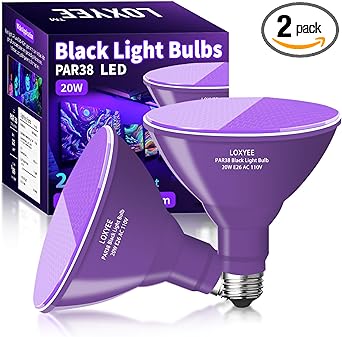PAR38 Halloween LED Black Light Bulbs 2 Pack,E26 Base 20W(200W Equivalent) Black Light UVA Level 385-400nm, Glow in The Dark for Blacklight Party,Fluorescent Poster,Neon Glow,Body Paint
