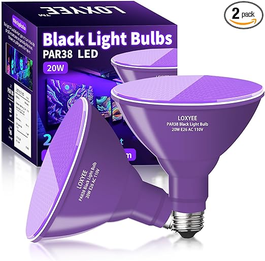 PAR38 Halloween LED Black Light Bulbs 2 Pack,E26 Base 20W(200W Equivalent) Black Light UVA Level 385-400nm, Glow in The Dark for Blacklight Party,Fluorescent Poster,Neon Glow,Body Paint
