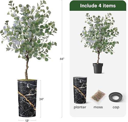 Miniatura 3 de Árbol artificial en macetero moderno con efecto de granito, eucalipto falso de seda para decoración del hogar en interiores y exteriores, altura