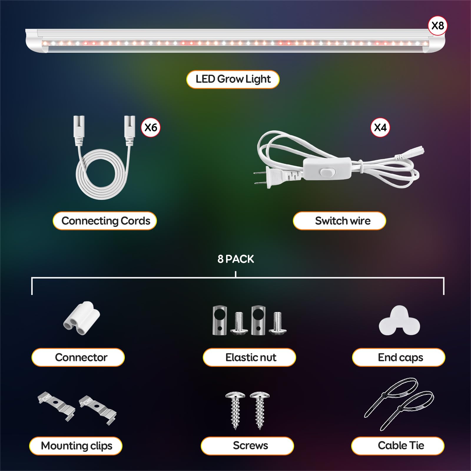 Niello T8 8PCS Lampada per Piante, Full Spectrum 60CM lampade LED Coltivazione, Lampada per coltivazione di piante con riflettore/Design a catena a margherita per semina,scaffali di coltivazione