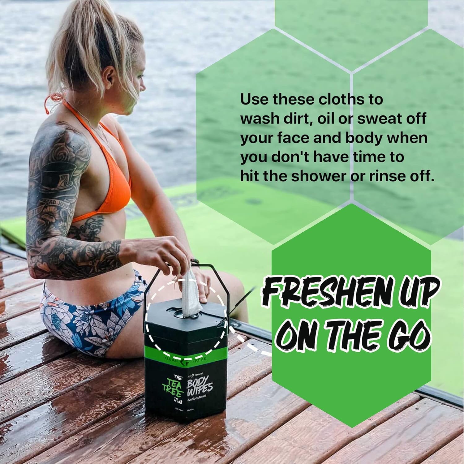 Klean Freak Salviette per il corpo – per viso e corpo, senza acqua, elimina sudore e odori, grande consistenza, viaggi, palestra, campeggio e molto altro ancora, brocca da 120 ct (tea tree)