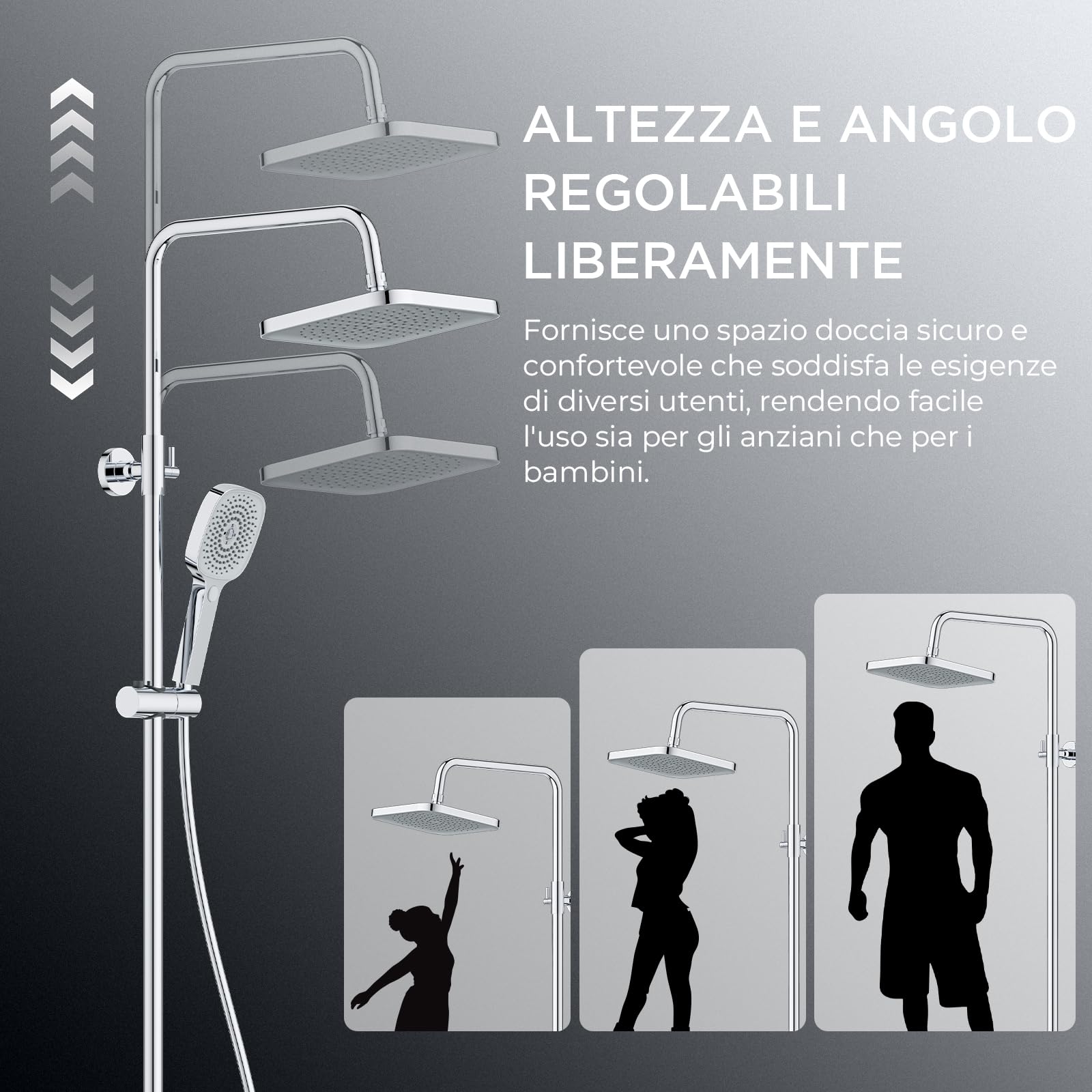 FORIOUS Colonna Doccia con Miscelatore Termostatico, Asta Doccia Regolabile in Acciaio Inossidabile con Soffione Quadrato da 25 cm e Doccetta a Mano con 3 Tipi di Getto