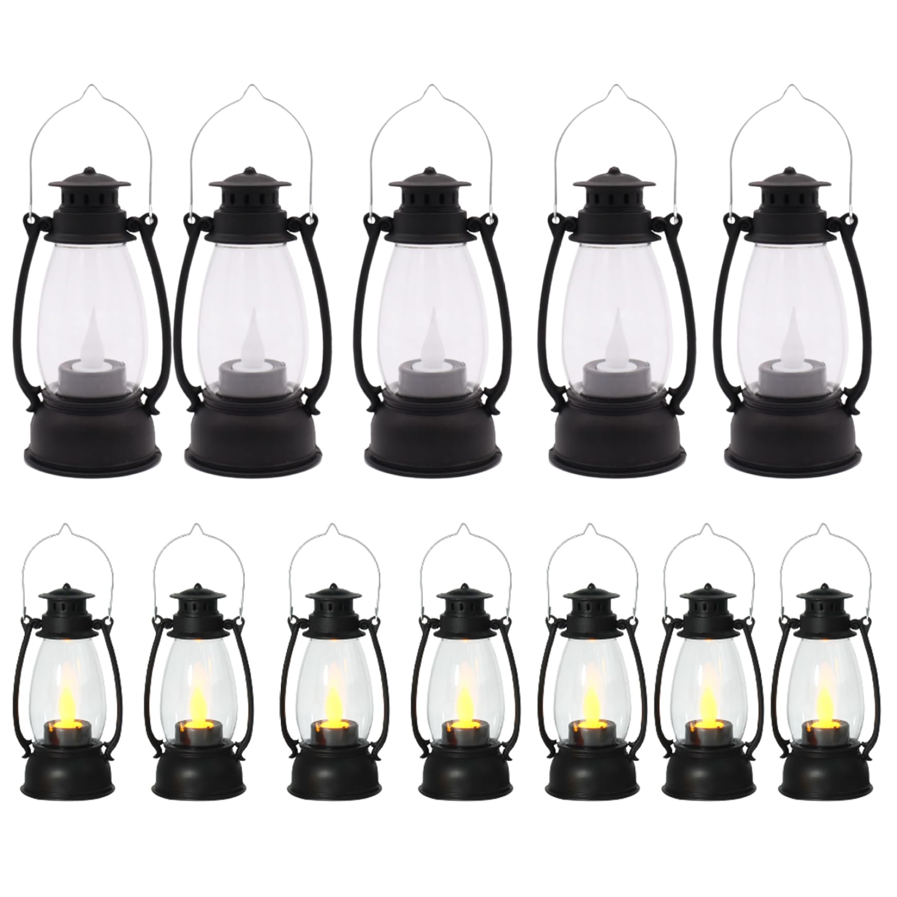 Stazamor Black 6*13.5Cm Candle Lantern 12Pcs 6 Inch Flickering Led Black Mini Lanterns Vintage Decorative Hanging And Table Lanterns For Wedding Christmas Halloween Centerpieces(Battery Included)