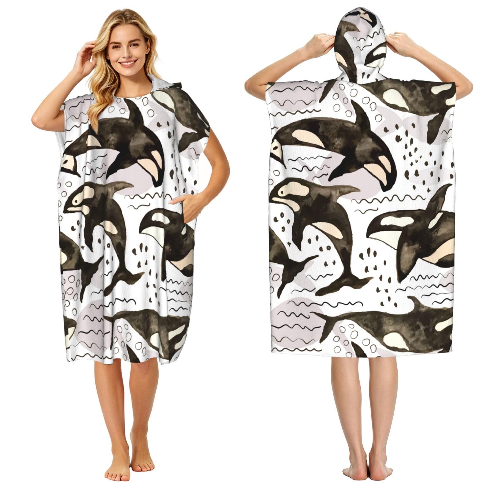 Poadnly Watercolor Orcas, Adult Hooded Beach Towel 90 x 110 cm,Changing Bath Robe, Surf Poncho Towel For Women Men