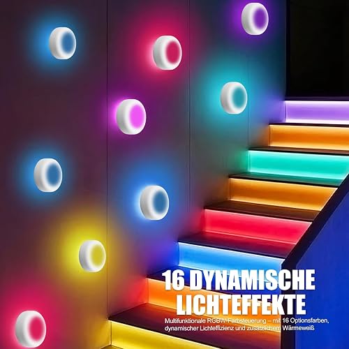 Lot de 6 lampes LED RGBW - Éclairage sans fil pour placard - 16 couleurs - Veilleuse LED avec télécommande, variateur et minuterie - Cuisine sans fil - Éclairage sous armoire - Lumière LED avec pile - 4