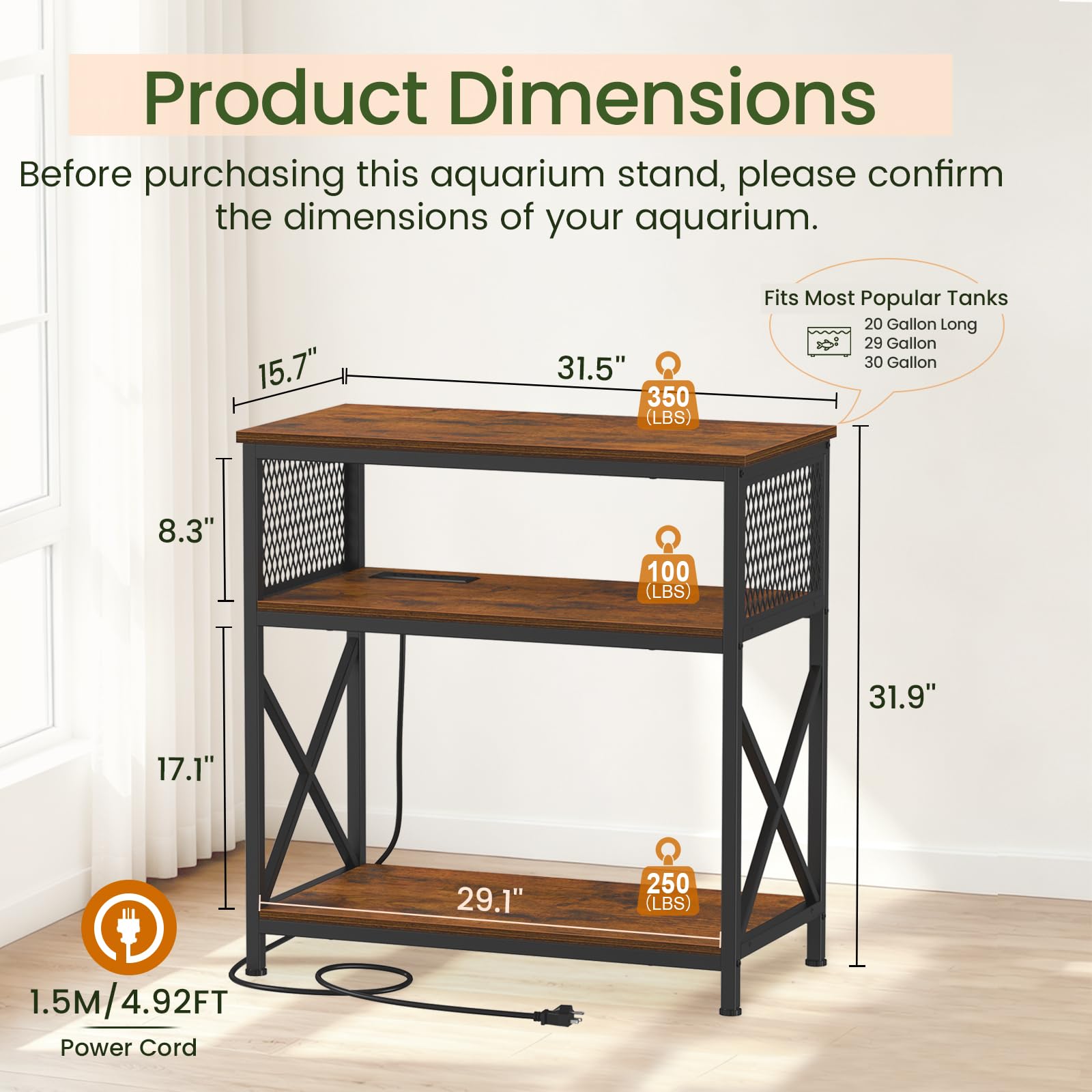 Snughome Support d'aquarium de 75 litres avec station de charge, support d'aquarium robuste avec armoire de rangement, support d'aquarium en métal pour aquariums de 60 de long, 85 et 90 litres