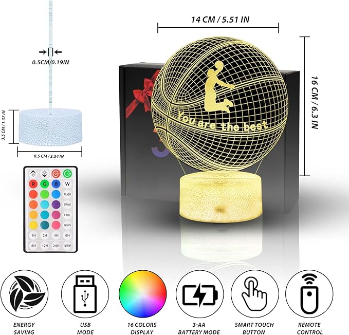 Leiruosi 3D Illusion Night Light, 16 Colors Changing, Kids Room Decor Lamp with Remote and Touch Control, Basketball Unique Nightlight, Sport Fan Gifts for Birthday Christmas Xmas for Boys Girls Teens photo 2