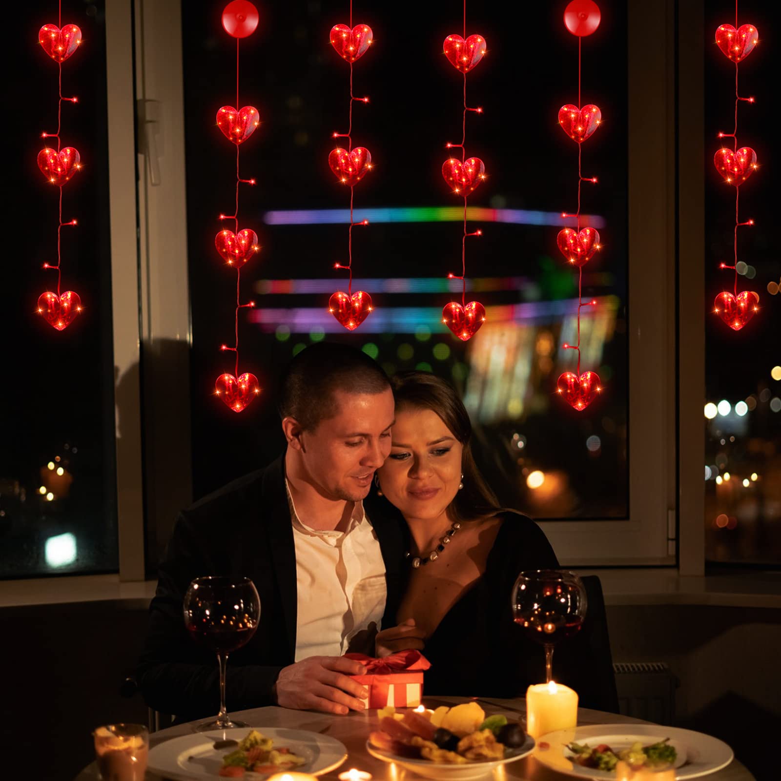 Lot de 5 guirlandes lumineuses en forme de cœur pour fenêtre de Saint-Valentin avec crochet à ventouse pour décoration intérieure et extérieure (style simple)