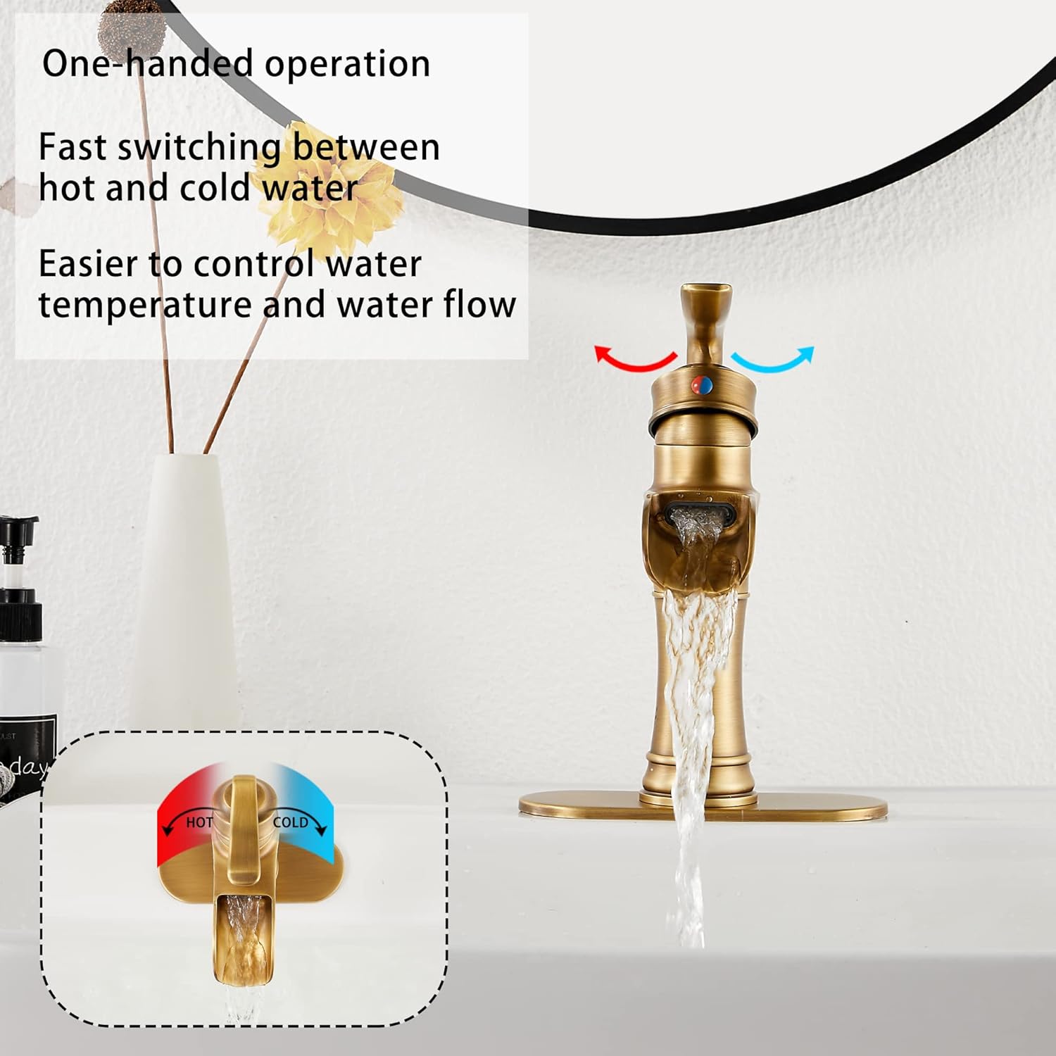 Waterfall Bathroom Faucet Antique Brass GGStudy Single Handle One Hole Farmhouse Bathroom Vanity Faucet Basin Mixter Tap Deck Mount with Drain Assembly