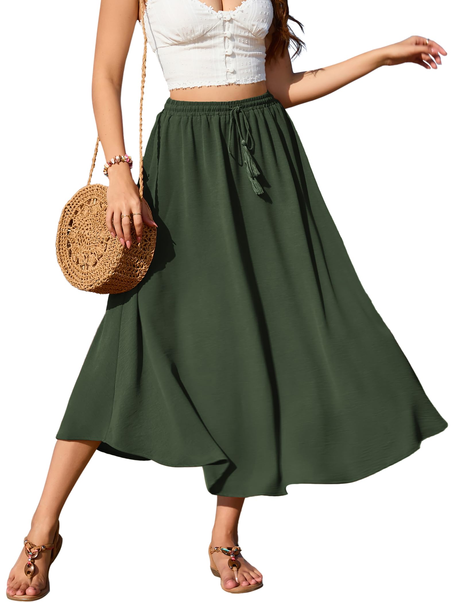 Zeagoo Rock Damen Lang Elegant Röcke Hohe Taille Sommer Maxirock Mit Kordelzug Einfarbig Casual Freizeitrock Hochzeit Cocktail Skirt