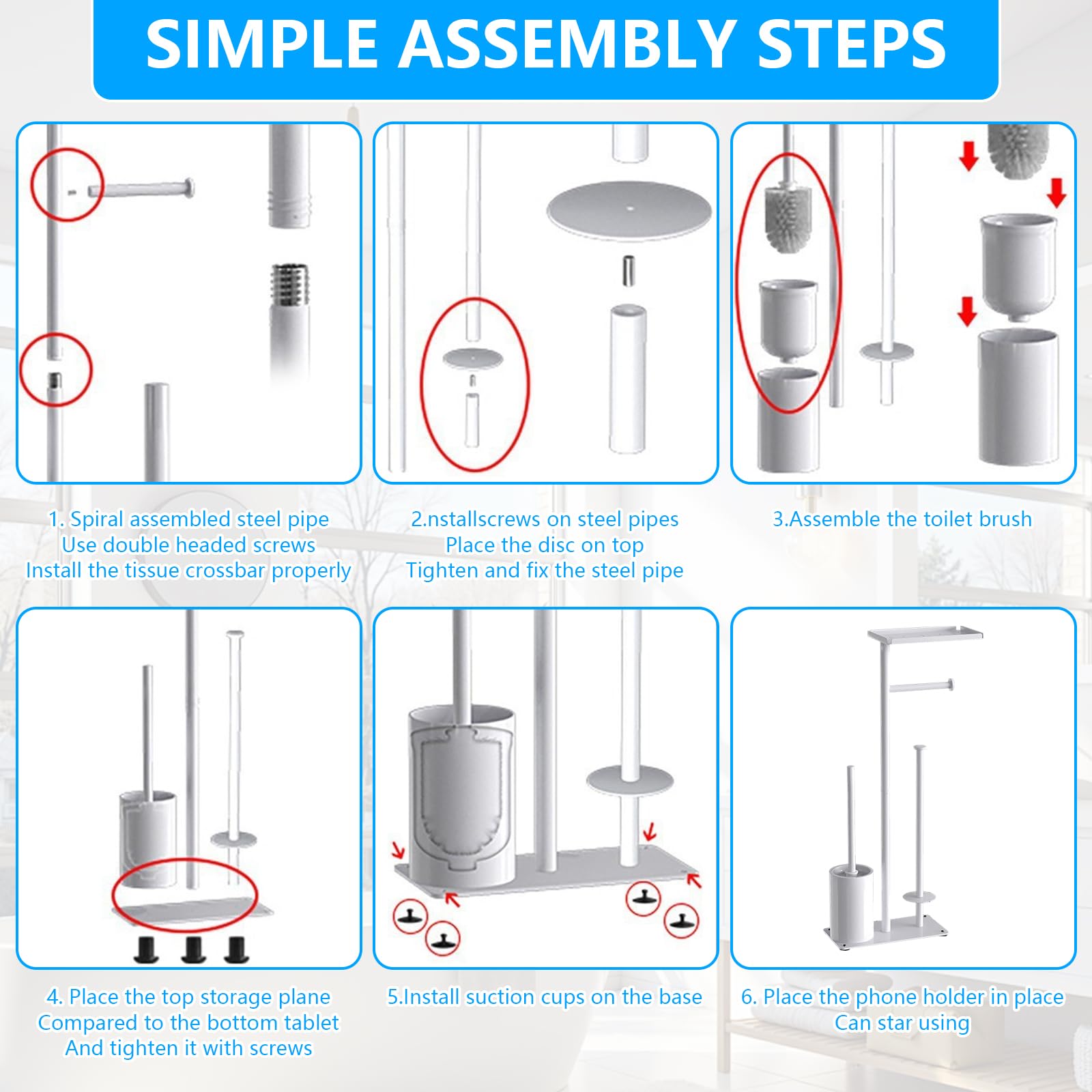 Portarrollos para Papel Higiénico, 59CM Soporte para Papel Higiénico De Pie De Metal con Estante Superior con Escobilla para Baño Y Hogar con Capacidad para 3 Rollos De Repuesto