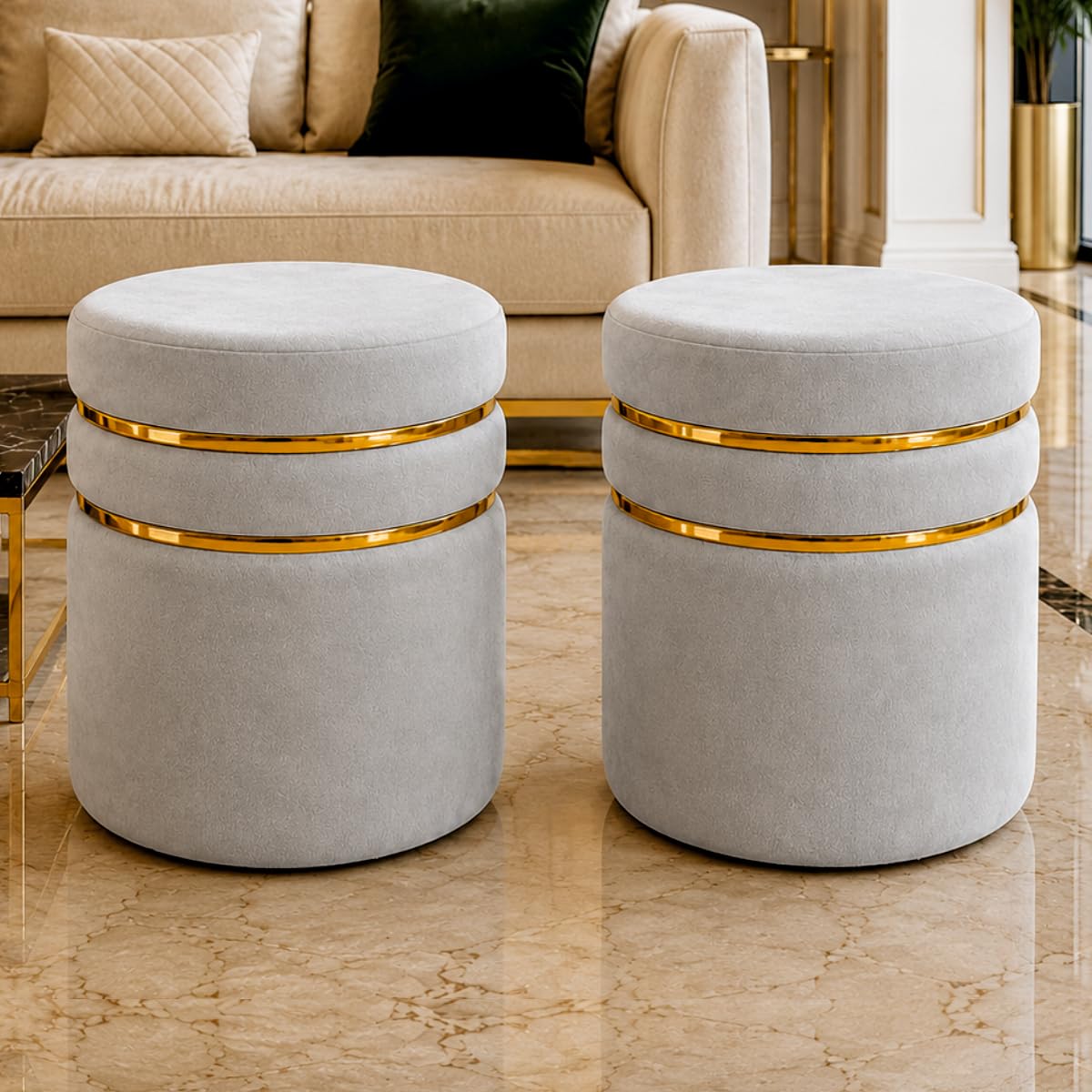 Luxury Puffy Ottoman Stool & Pouffe for Living Room, Bedroom & Vanity Seating | Velvet Round Foot Rest with Dual Gold Accent Rings | Modern Decorative Home Décor (Set of 2 Silver Grey)-image-1