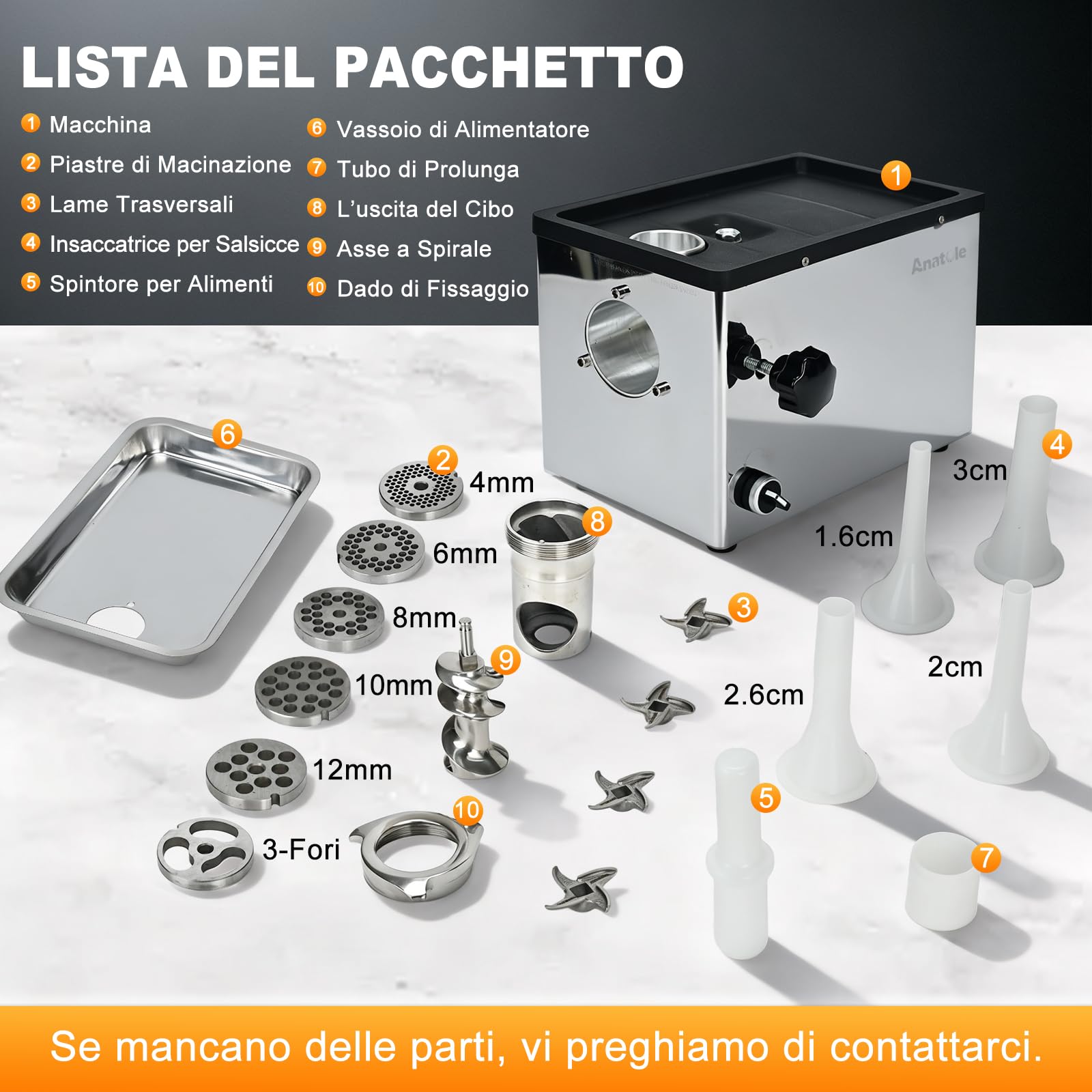 Anatole Tritacarne Elettrico Commerciale 1300W Acciaio Inox Integrale Macchina per Salsicce Multifunzionale con 4/6/8/10/12mm/3-Fori Piastre di Macinazione 1 Insaccatrice per Salsiccia 4 Lame 220V