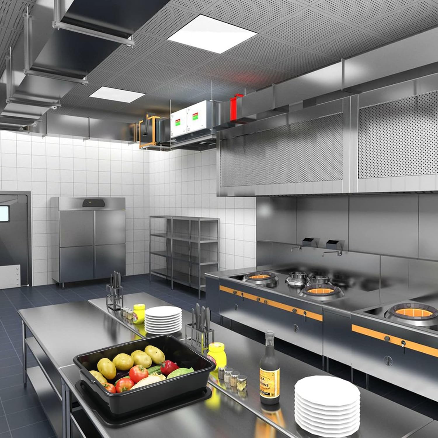 Kekow Plastic Bus Box with Lid, Commercial Bus Tubs with Handle, 3-Pack, Black