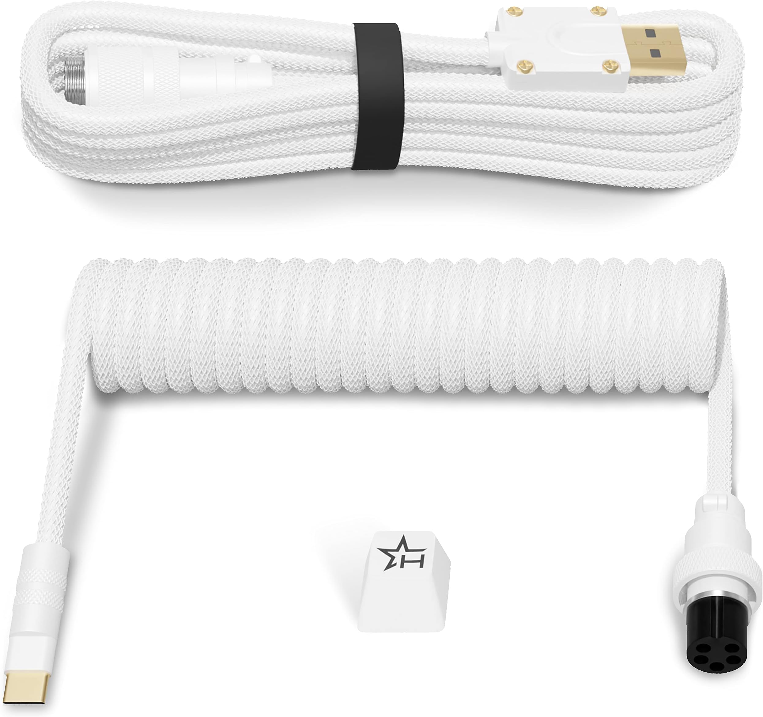 Hystar Coiled Keyboard Cable | USB-C | Double-Sleeved Cable, CNC Aluminum Connectors, Gold Plated, Type-C Connection | White