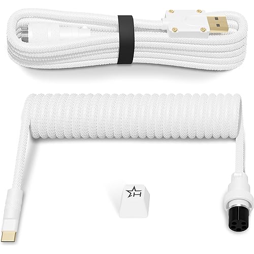 Hystar USB-C Coiled Aviator Cable for Gaming Mechanical Keyboards | Double-Sleeved Cable, Premium Aluminum Connectors, Gold Plated, Type-C Connection, 90 Degree Exit, Includes Aluminum Artisan Keycap