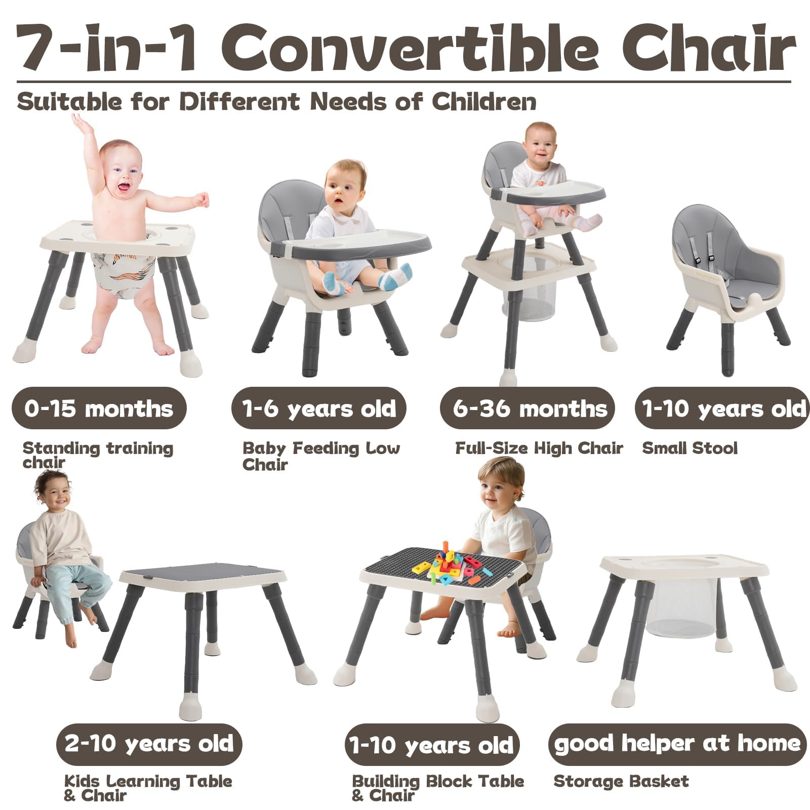 Hochstuhl Baby 7 in 1 Kinderhochstuhl,Babystuhl mit Esstisch,Fußstütze,Korb,Sicherheitsgurt und Abnehmbares Doppeltablett,Babyhochstuhl ab 6 Monate (Grau)