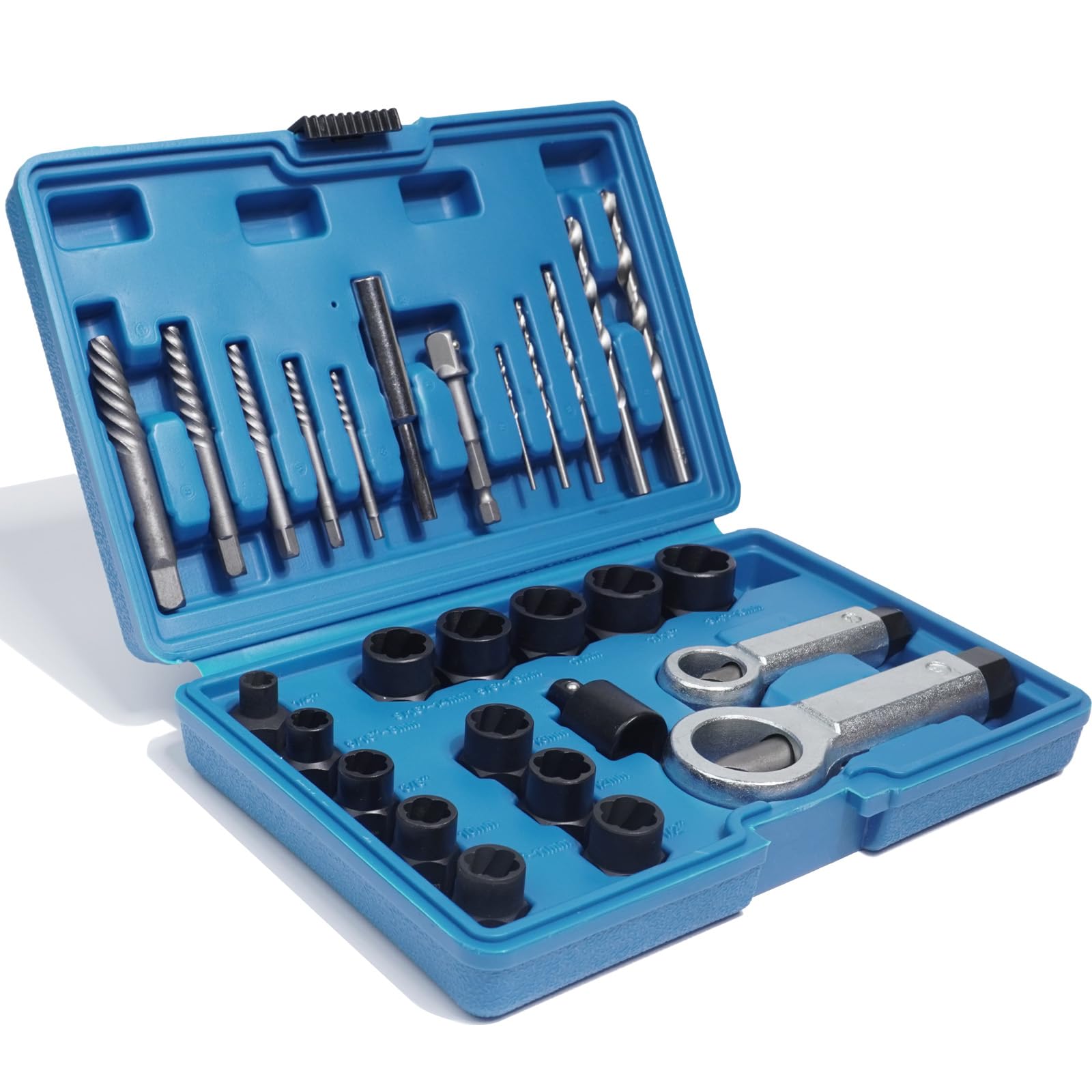 28 Piezas Kit de Extractor para Tuercas Dañadas con Extractores y Separadores de Tuercas Acero Chromoly Accionamiento 3/8" Brocas HSS Para Automoción Industria Bricolaje