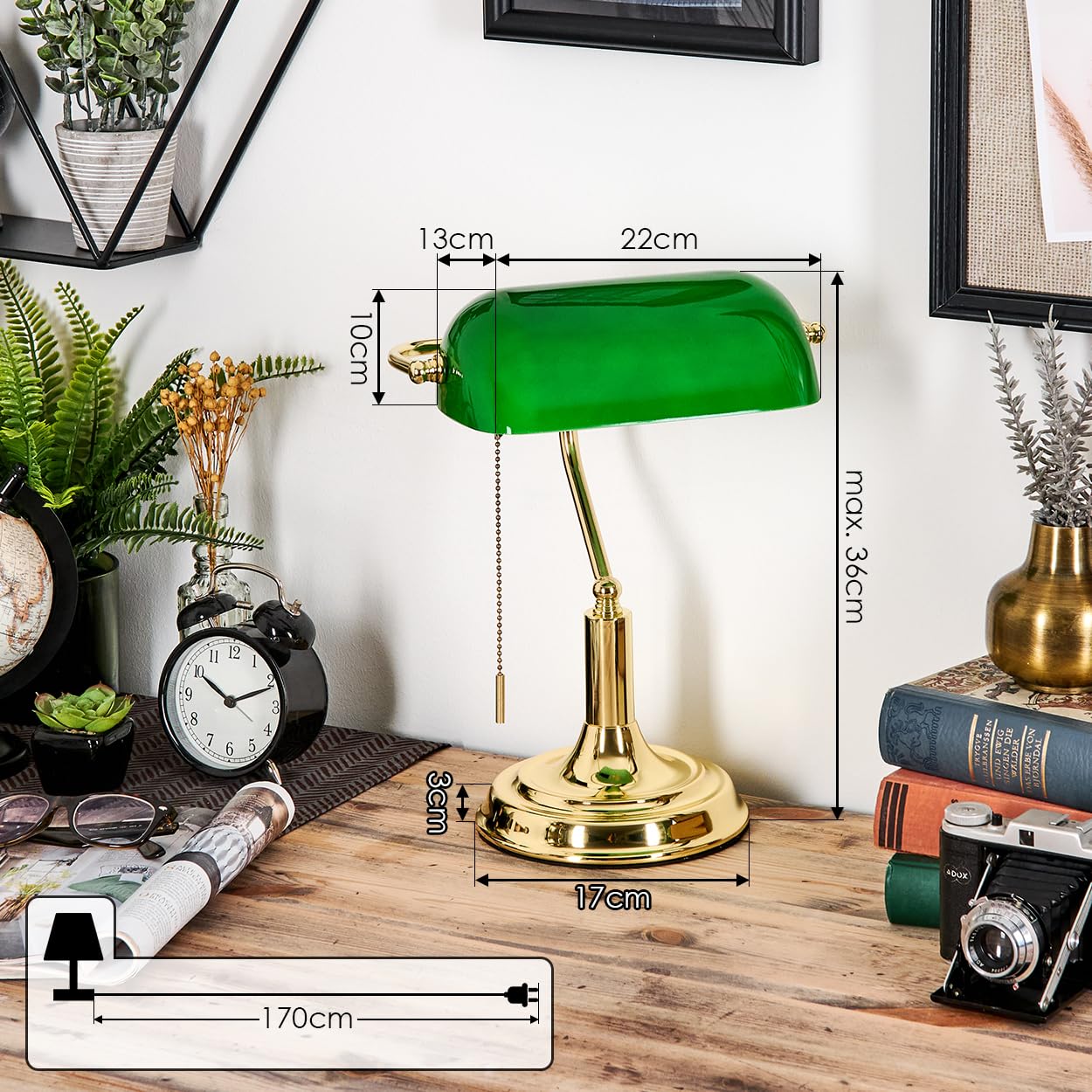 Havsta Tischleuchte – Vintage Metalllampe In Altmessing Mit Grünem Glasschirm, 1-flammig, E27, Mit Zugschalter