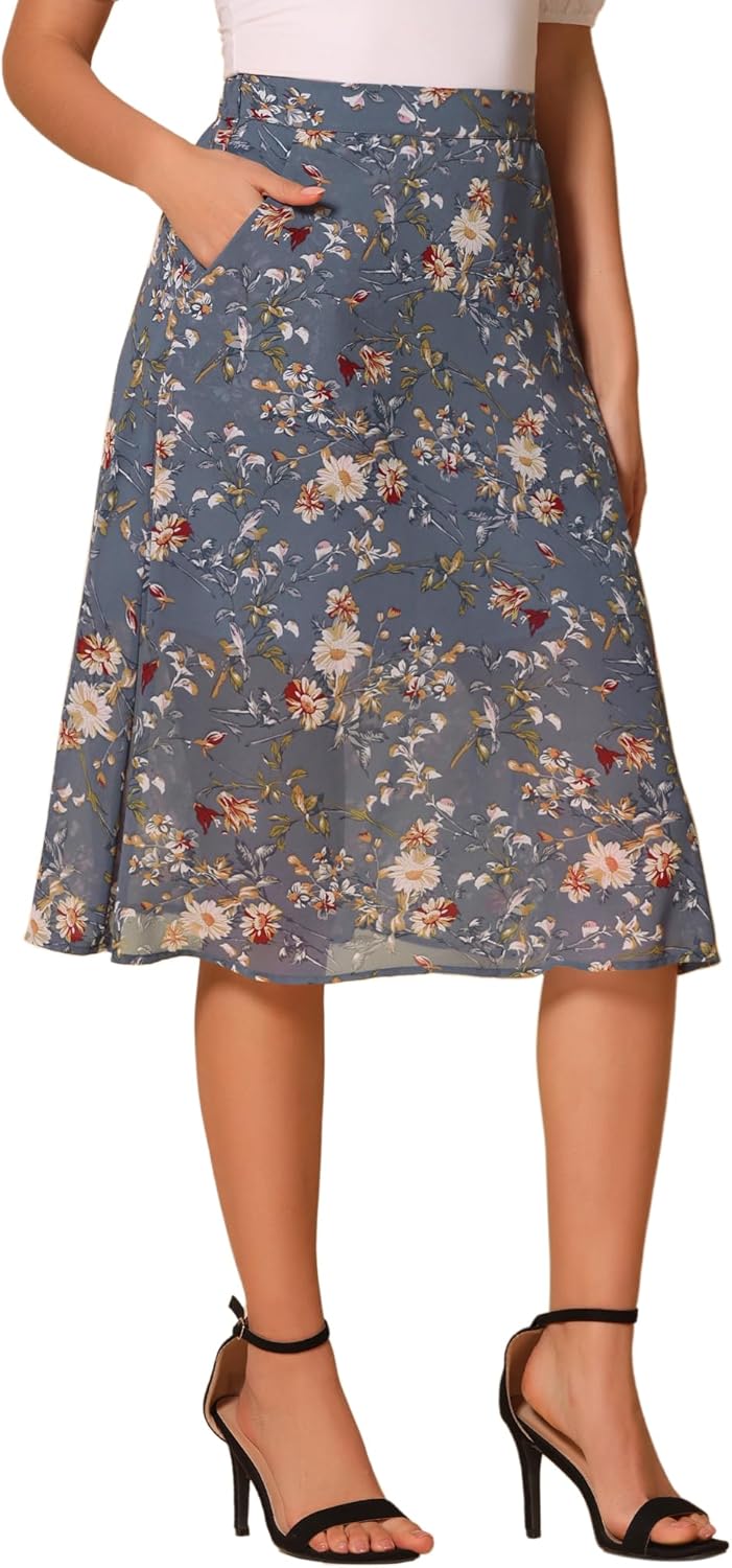Allegra K Women's Floral Skirt A-Line Midi Skirt Chiffon Elegant 2025 Fall Skirts with Pockets