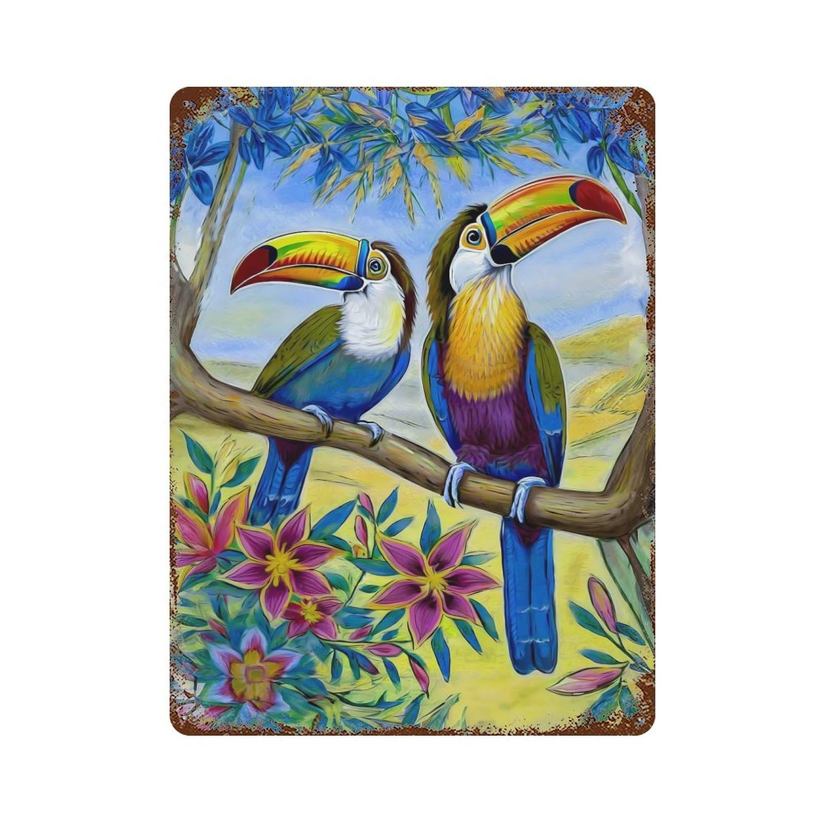Toucans on A Floral Tree 15.7"x11.8" Rust Effect Tin Sign, Old School Wall Decor for Pub, Kitchen And Man Cave Decor