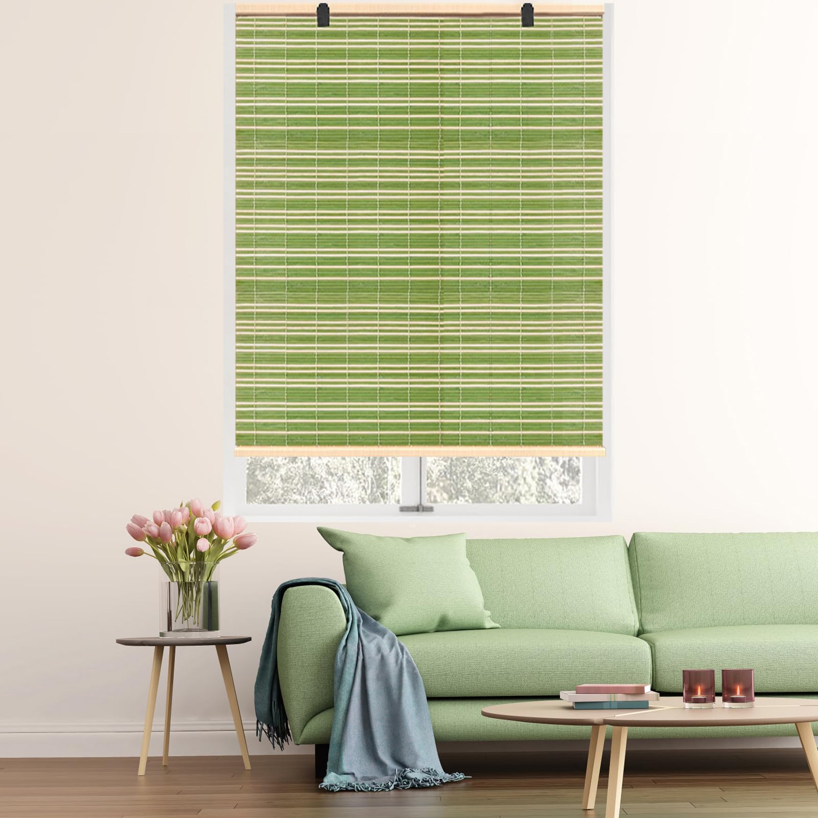 Bambusowe rolety zaciemniające do okien wewnętrznych, na zewnątrz, rolety rzymskie, bez wiercenia, na patio, jasnozielone, 45 x 180 cm