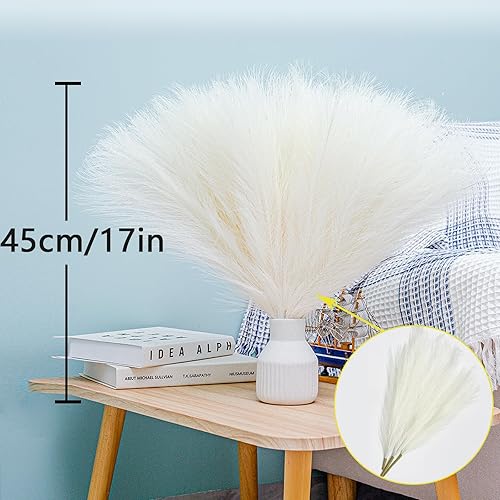 Miniatura 4 de Bnecnet 10 tallos de zacate de pampas blanco esponjoso - 17.7 pulgadas Hierba de pampa sintética decorativa, pequeño arreglo floral de pompas y