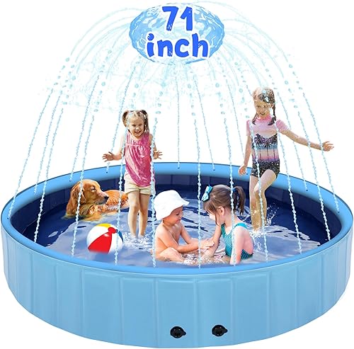Eooqi Piscina grande para perros de 71 pulgadas con aspersor, piscina plegable 2 en 1, de plástico duro antideslizante, para exteriores, patio