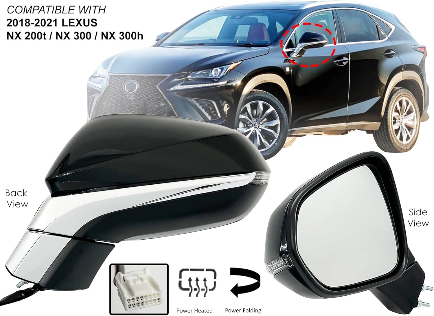 APA Replacement for Exterior Rear View Mirror 2018-2021 NX 200t 300 300h Power Heated with Signal PTM Cap Power Folding Driver Left Side 8794078012 LX1320166