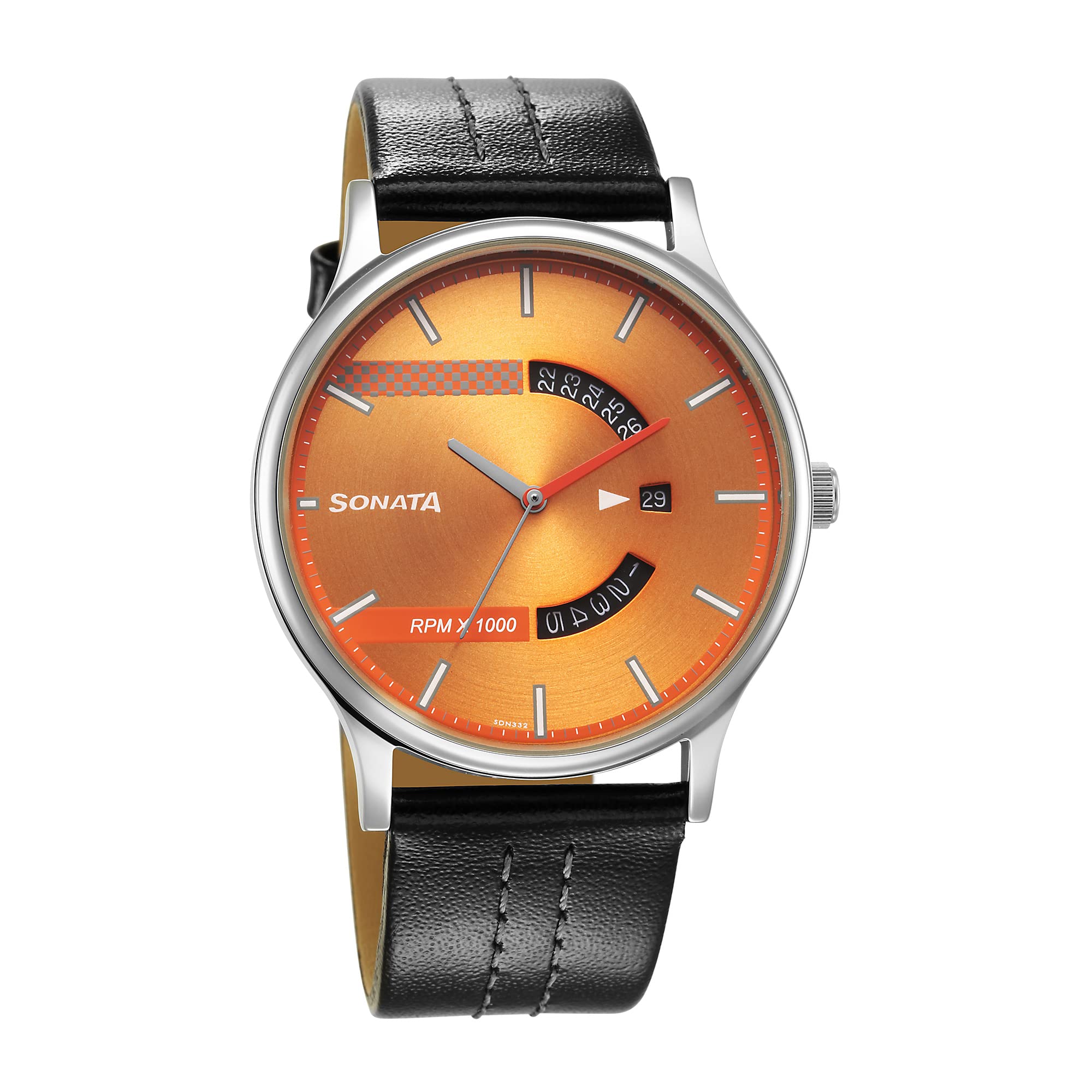 SonataRPM Yellow Dial Leather Strap Analog Watch for Men-77105SL09