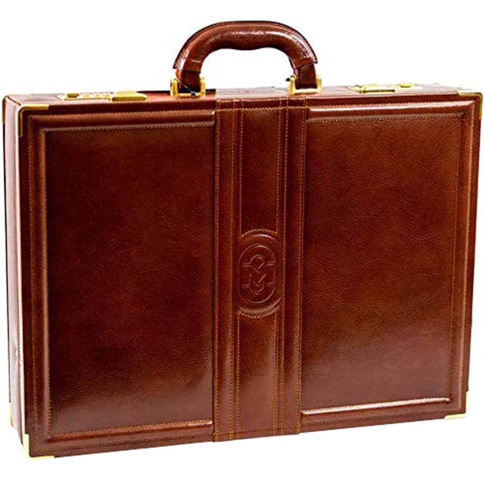 Men's Large Italian Designer Viceroy Briefcase Genuine Leather Top Handle Attaché Bag in Cognac Aged Double Gusset Design