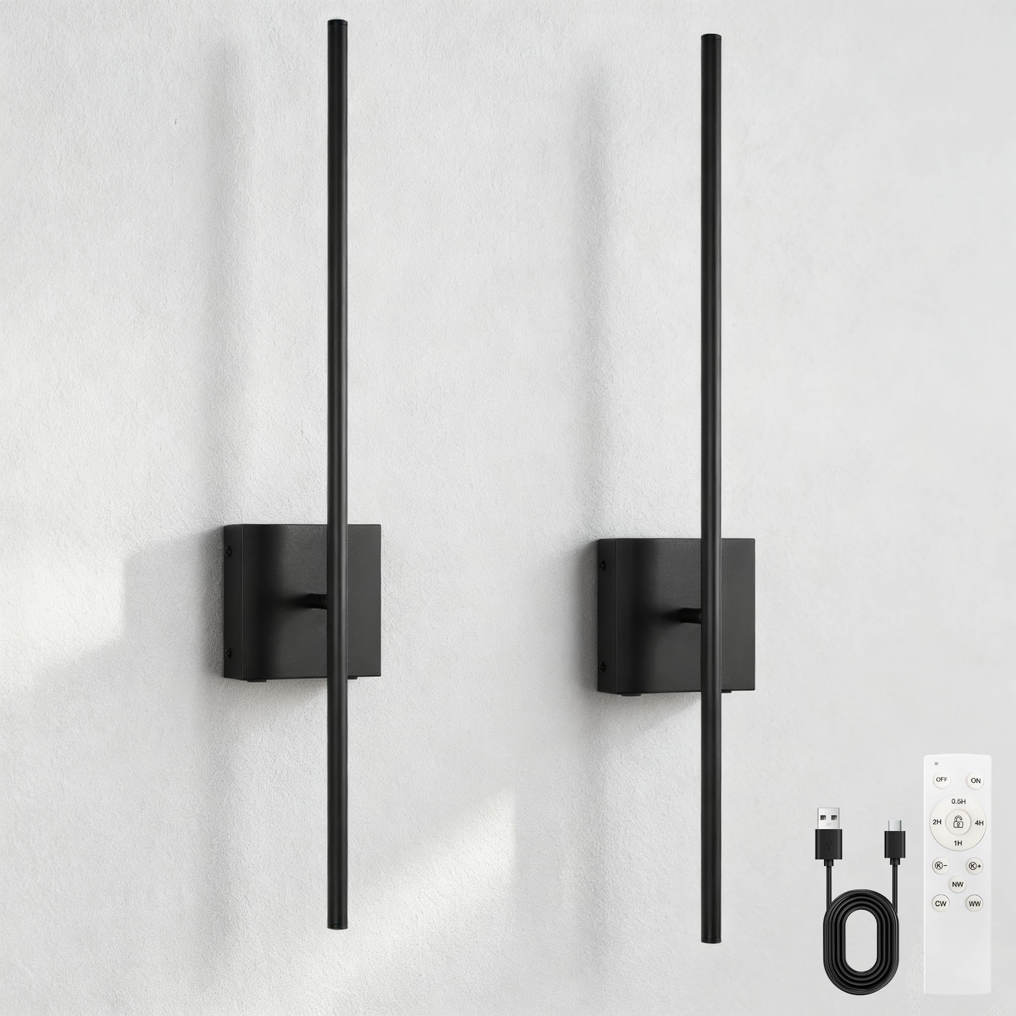 EIDEARAY Battery Operated Wall Lights Indoor, USB Rechargeable LED Wall Lamp with Remote Control, Dimmable Wall Light Wireless, Black 70CM Modern Wall Sconce for Living Room Bedroom(2 Pack) — image 1