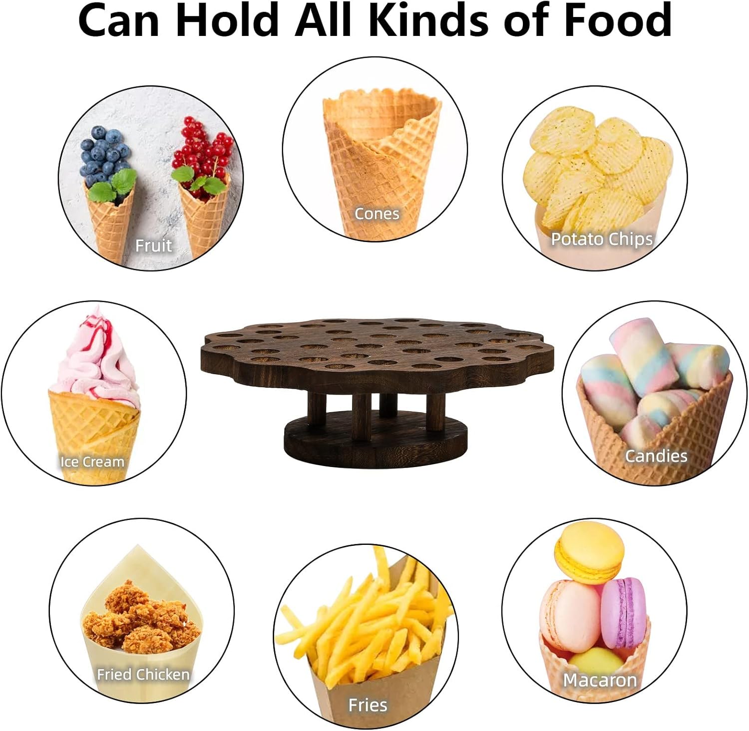 AVLA Ice Cream Cone Holder with 100 Wooden Cones, 36 Holes Waffle Cone Display Stand, Snack Tray for Wedding, Hand Roll Sushi Popcorn Rack for Birthday Party, Buffet, Restaurant, Food Truck