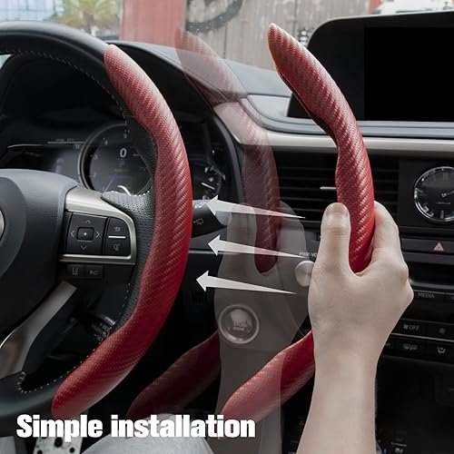 Vista 4 de Amiss Carbon Fiber Anti-Skid Steering Wheel Protector, Segmented Butterfly Universal Wheel Cover, Car Interior Accessories (Red)