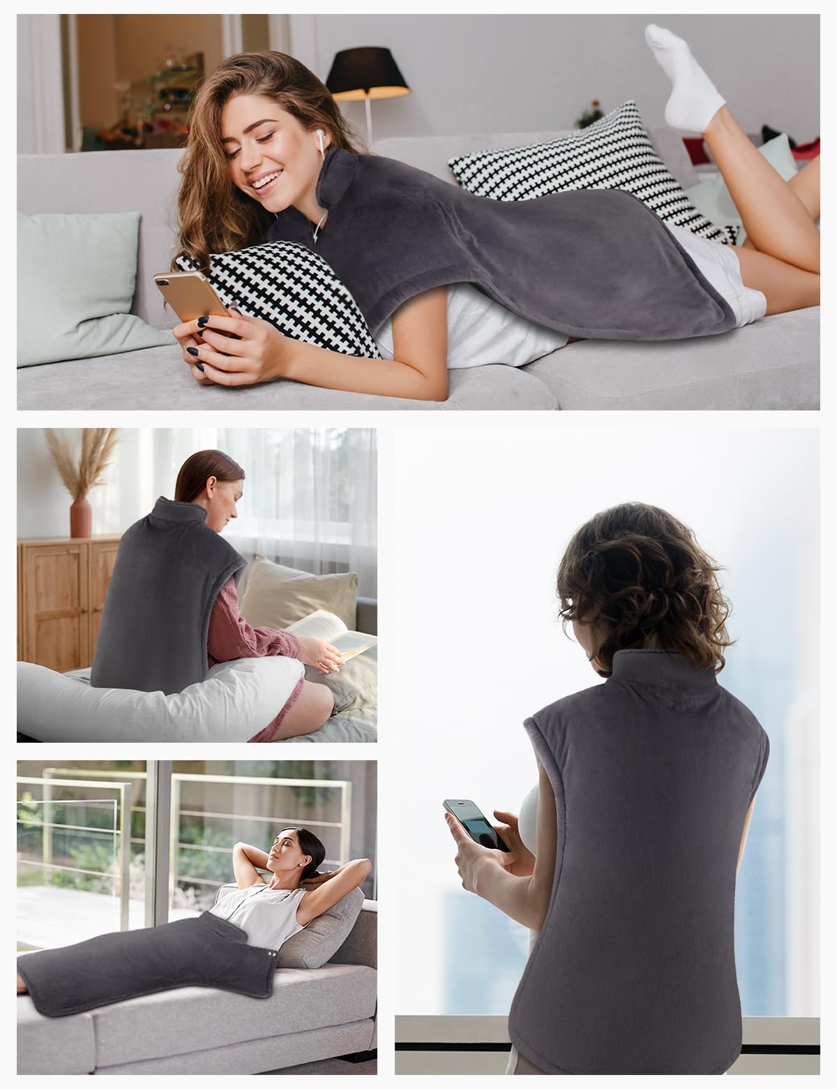 Manta Eléctrica Espalda y Cuello, 80×88 CM Wearable Almohadilla Térmica Eléctrica para Lumbar, Cervical, Hombros, Diseño Con Lastre, 6 Niveles De Temperatura, Apagado Automático de 3 Horas, Lavable
