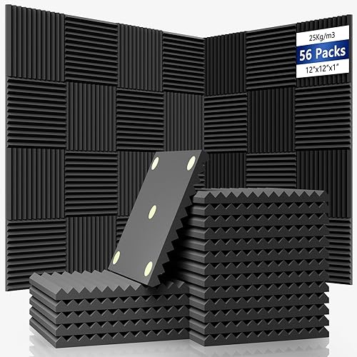 Paquete de 56 paneles de espuma a prueba de sonido, paneles de pared insonorizados de recuperación rápida de 1 x 12 x 12 pulgadas, paneles de