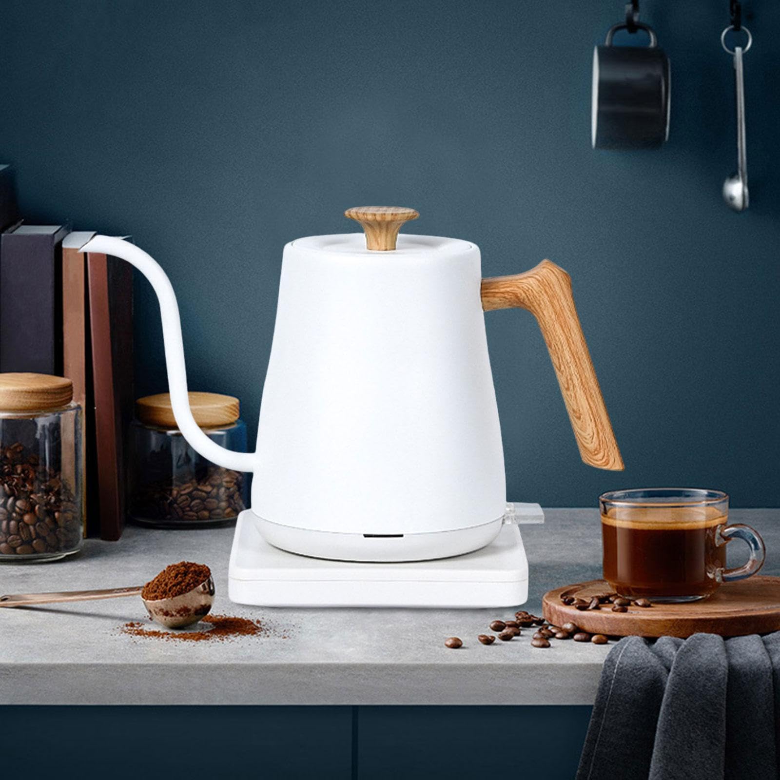 Hervidor Eléctrico de Acero Inoxidable con Largo Tetera de Cuello de para Infusiones y Café Hervidor de Agua con Apagado Automático y, Grano de Madera Blanco, Individual