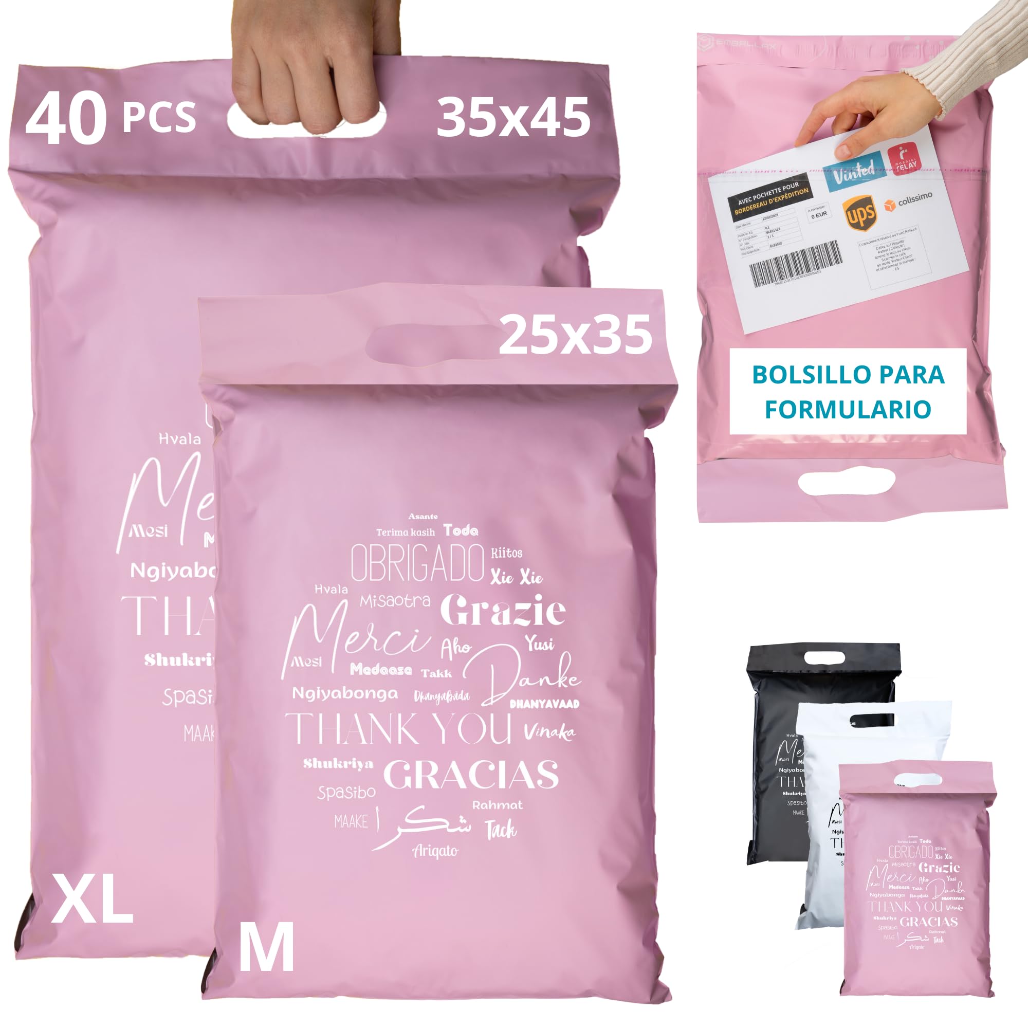 40 sobres para envíos de ropa CON BOLSA PORTADOCUMENTOS - 2 Tamaños M/XL - 100% OPACO/ULTRA-RESISTENTE/IMPERMEABLE - Sobres Plastico con Asa - Bolsas de Envio Paquetes (Rosa, Tamaño M/XL)