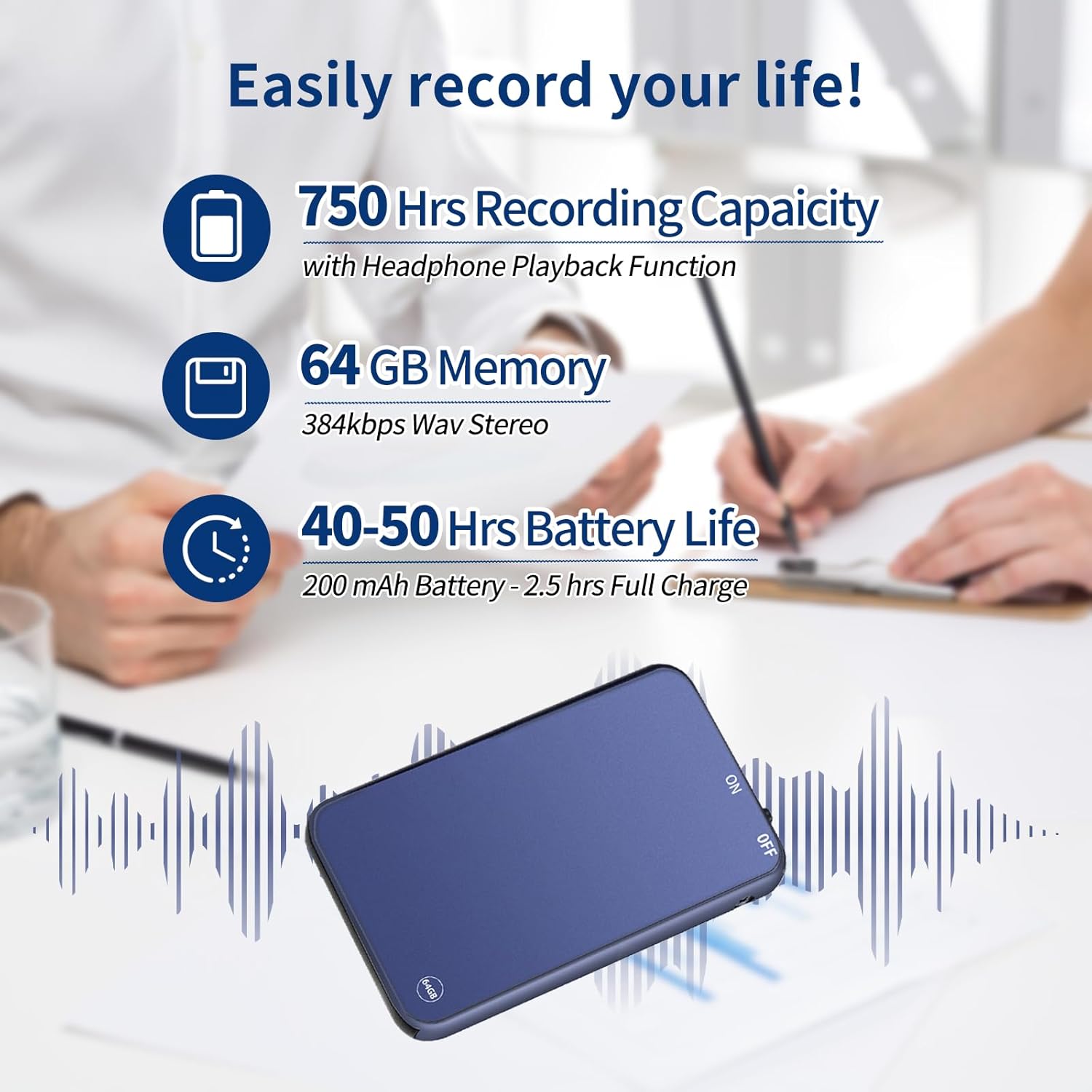 Vormooi Mini Voice Recorder showing 750 hours recording capacity, 64GB memory, and 40-50 hours battery life.