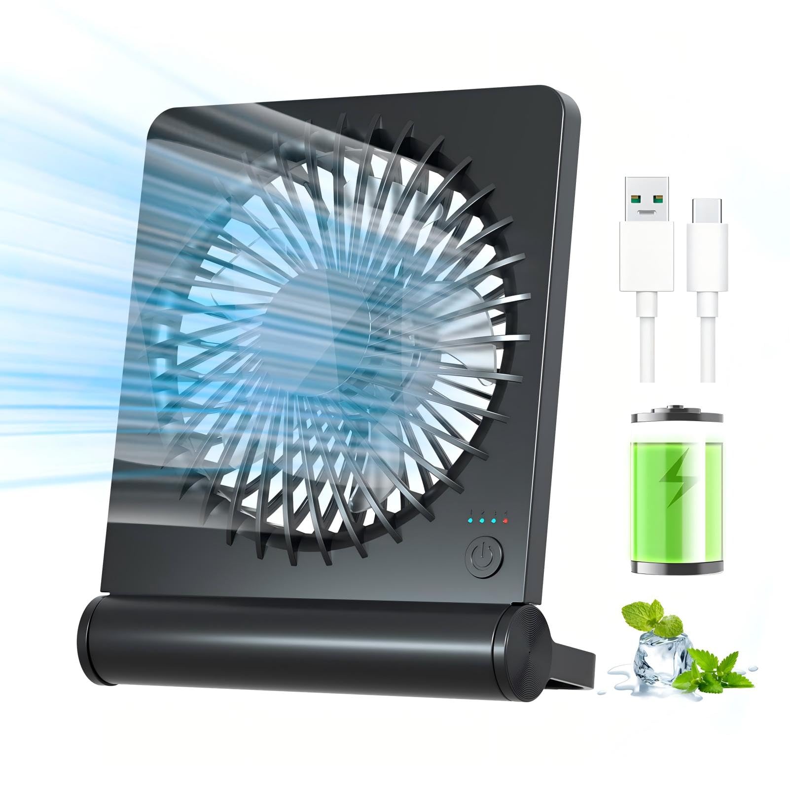 JialexinSmall Desk Fan, Portable and USB Rechargeable Fan, Mini Fan with 2000mAh Battery, 180° Rotatable Base, Powerful Wind with 3 Speeds, Small & Quiet for Outdoor Activities, Travel, Office, Home