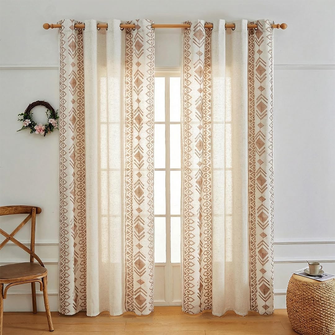 Beige Boho Curtains 2 Panels for Bedroom 84 Inches Long Linen Embroidered Drapes for Living Room Farmhouse Geometric Light Filtering Grommet Window Treatment 55x84 Inch, Taupe On Beige