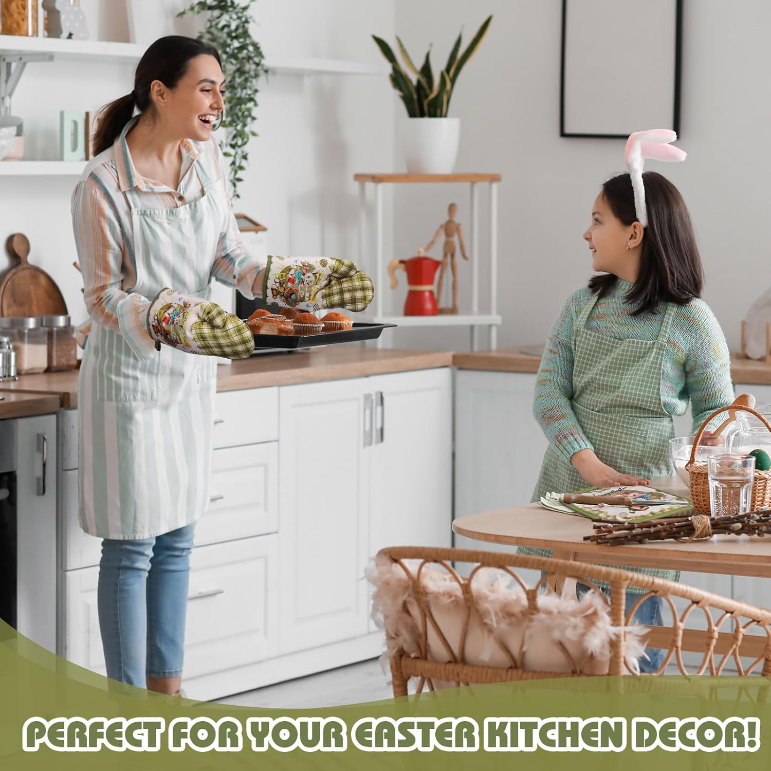 VitalCozy 8 Pcs Easter Kitchen Towels Oven Mitts and Pot Holder Sets Happy Easter Kitchen Towels Dish Towel Retro Border Bunny Little Girl Chick Heat Resistant Oven Gloves Potholder for Holiday Baking - Image 5