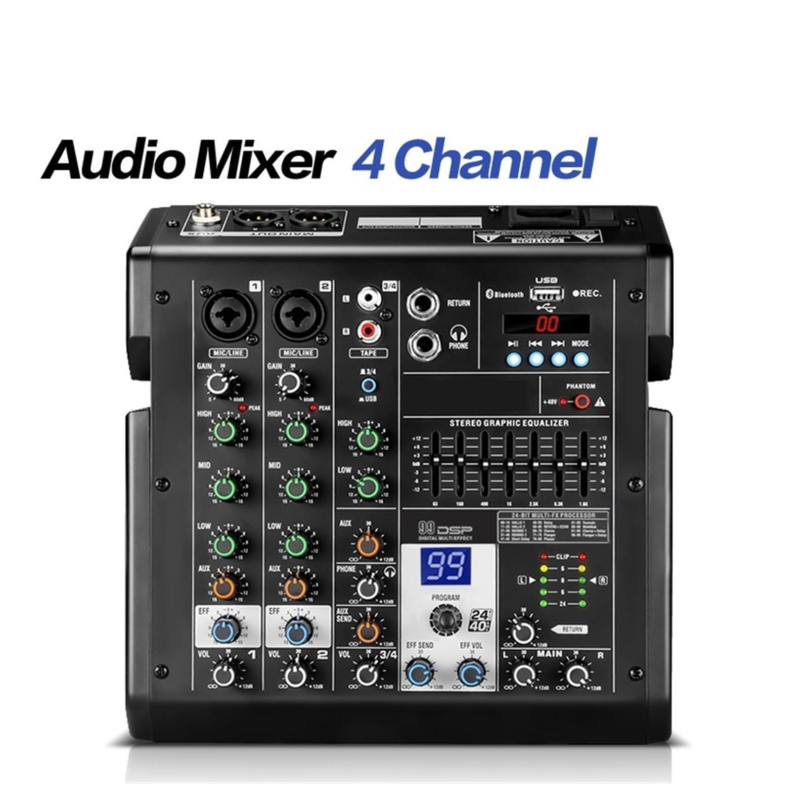 Mixer per DJ, Mixer Professionale P4 Equalizzazione 4 Canali 99 DSP USB/Bluetooth 3, Console Mixer con Monitoraggio in Tempo Reale