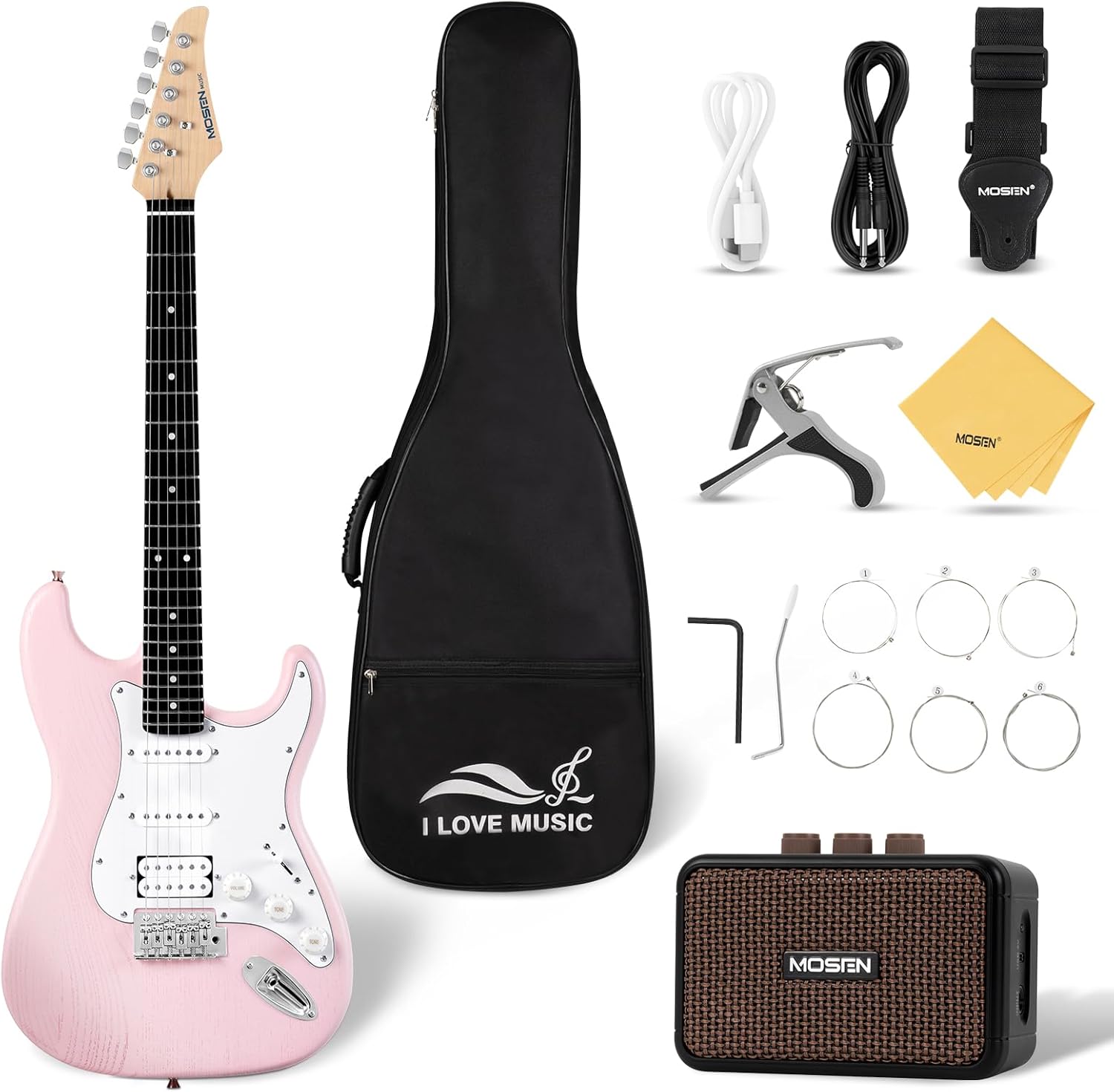 Mosen 39 Inch Electric Guitar with HSS Pickups & Single-Coil Tremolo System - with 5W Amp, Techwood Fingerboard, C-Shaped Satin Neck, All Accessories Included Gig Bag, Tuner, String, Capo, Strap