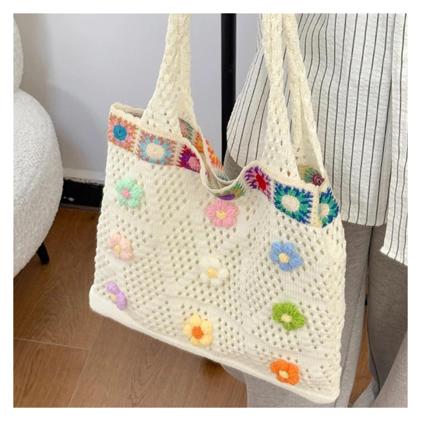 Bolso de Flores de Crochet Bolso de hombro tejido estilo étnico gran capacidad, bohemio, crochet, informal, con estampado floral