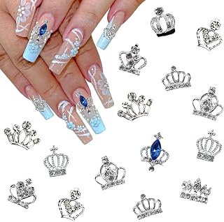 15Pcs Glitter Crown Nail Charms Shiny 3D Silver Nail Art Charms Hollow Alloy Crown Nail Rhinestones Exquisite Bling Blue Crystal Crowns Nail Gems Metal Cute Nail Jewelry for Women Acrylic Manicure